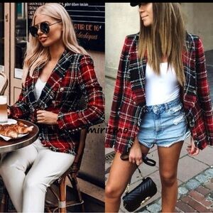 Zara Blazer Tweed Frayed Trims Red Checked Jacket Coa Size Small